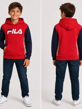 FILA Boys Hoodie Size M 10/12 Red Navy Colorblock Logo Pullover